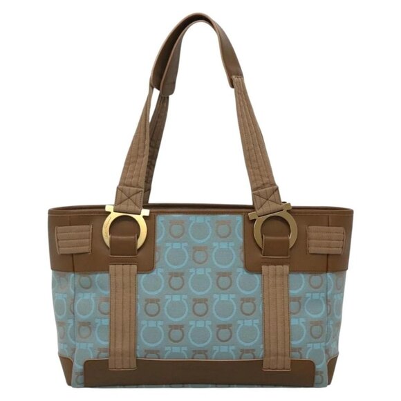 Salvatore Ferragamo Gancini Tote Bag Canvas Leather Light Blue Gold Auth gh706 - Picture 11 of 16